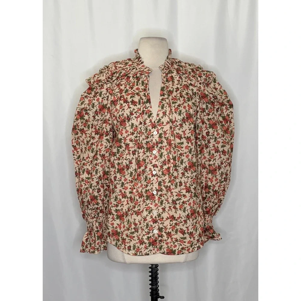 FREE PEOPLE Meant To‎ Be Blouse Floral Vintage Combo Ruffled Smocked Small